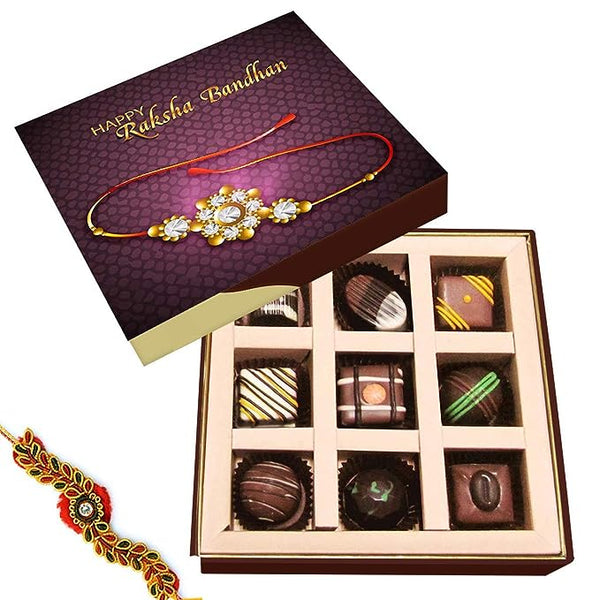 Chocholik Rakshabandhan Gift Box - Happy Raksha Bandhan - Dark, Milk, White Chocolate Truffles - 9pc with Rakhi