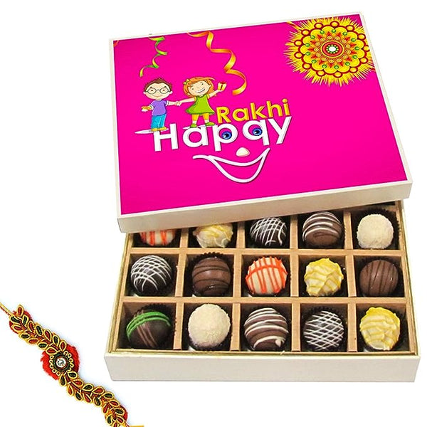 Chocholik Rakhi Gift Box - Happy Rakhi - Dark, Milk, White Chocolate Truffles - 20pc with Rakhi