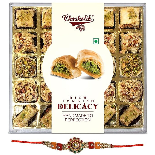 Chocholik Rakhsabandhan Gift Box - Rakhi + Baklava Rich Turkish Delicacy Authentic Baklava, Handmade To Perfection, Exclusive Sweet Delight, 450g