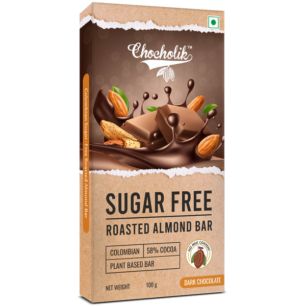 Chocholik 58% Cocoa Sugar Free Roasted Almond Dark Chocolate, Colombian Bar, 100g