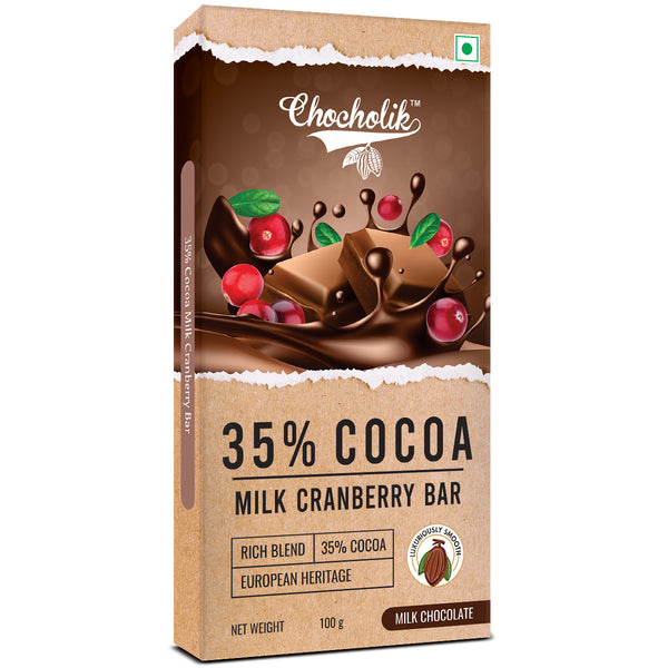 Chocholik  35% Cocoa Milk Chocolate Bar Cranberry, European Heritage Blend, 100g