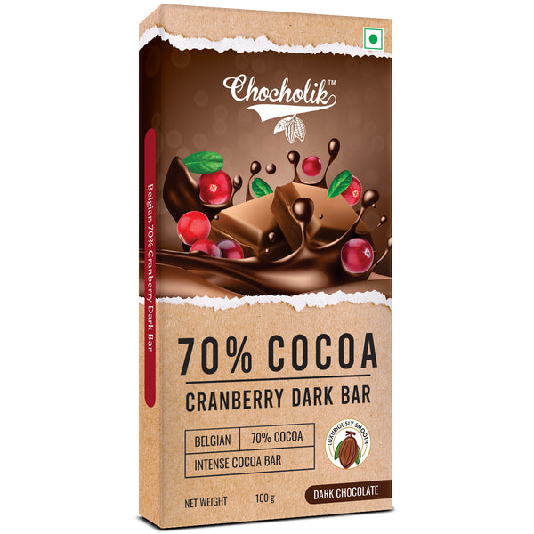 Chocholik Dark 70% Cranberry Bar - Luxury Belgium Chocolates 100g (3.5 Oz)