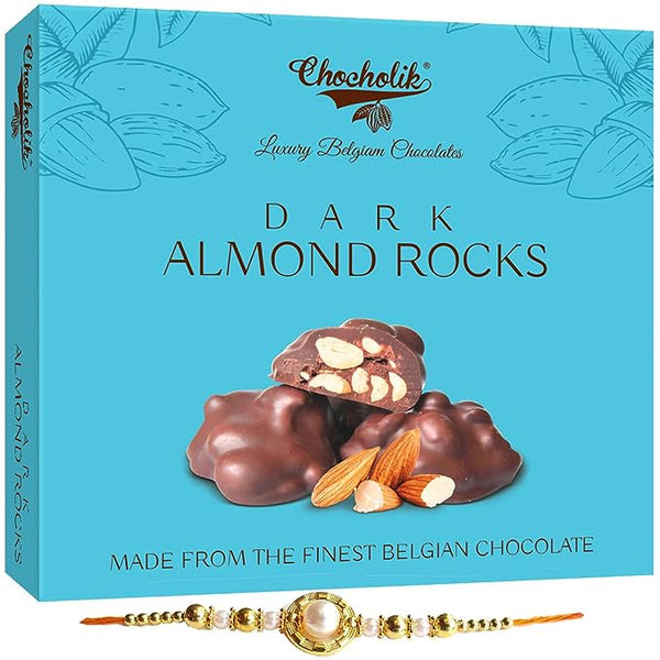 Chocholik Rakhi Gift Box – Belgium Dark Almond Rocks - Finest Chocolate Delight or Gift for Someone, 100gm + Free Rakhi