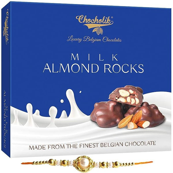 Chocholik Rakhi Gift Box – Belgium Milk Almond Rocks - Lovable Bite for Everyone Chocolate Gift – 100gm + Free Rakhi