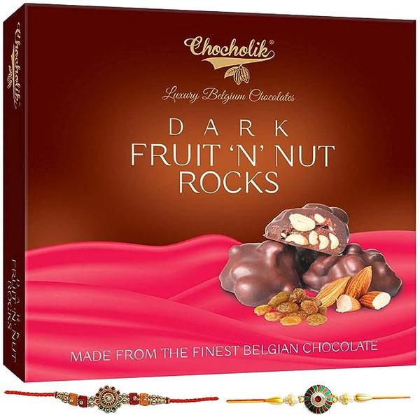 Chocholik Rakhi Belgium Gift Box - Dark Fruit n Nut Rocks for Chocolate Lover + Pack Of 2 Rakhis