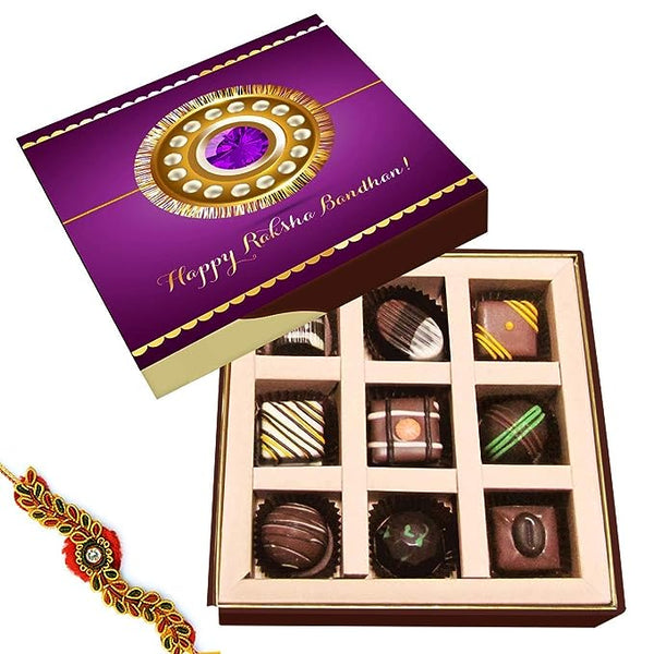 Chocholik Rakhi Gift Box - Happy Raksha Bandhan - Milk, Dark, White Chocolate Truffles- 9pc with Rakhi