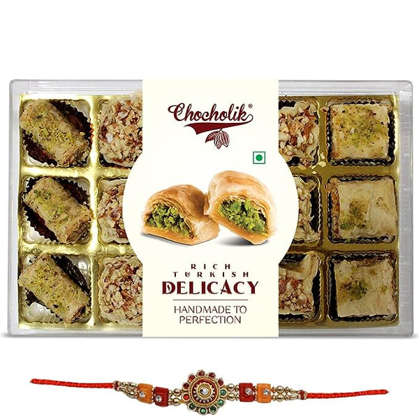 Chocholik Rakhsabandhan Gift Box - Rakhi + Baklava Rich Turkish Delicacy Authentic Baklava, Handmade To Perfection, Exclusive Sweet Delight, 300g