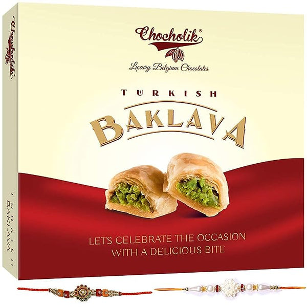 Chocholik Rakhi Turkish Baklava Gift Box - with Almonds & Pista - Exclusive Sweet Delight for Any Occasion + Pack Of 2 Rakhis