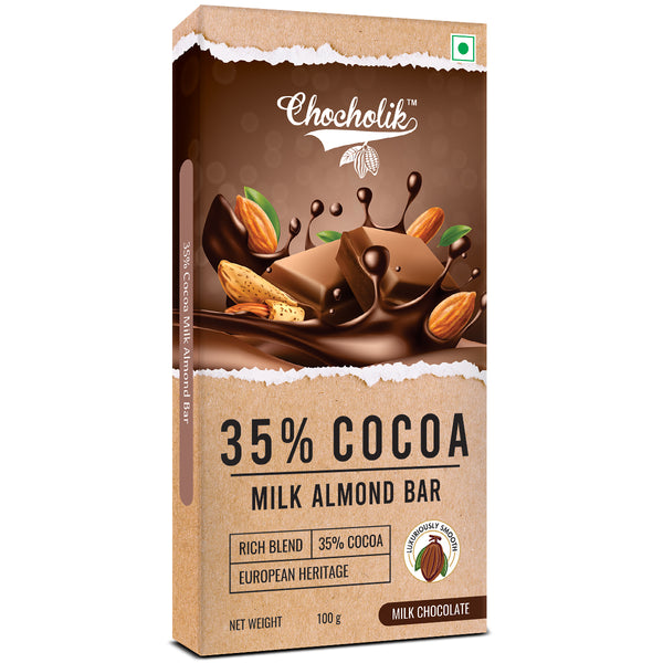 Chocholik 35% Cocoa Milk Almond Chocolate Bar, European Heritage Blend, 100g