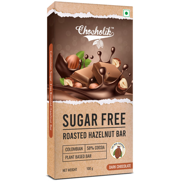Chocholik 58% Cocoa Sugar Free Roasted Hazelnut Dark Chocolate, Colombian Bar, 100g