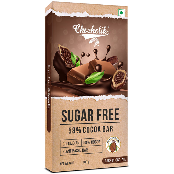 Chocholik 58% Cocoa Sugar Free Plain Dark Chocolate, Colombian Bar, 100g