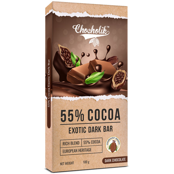 Chocholik 55% Cocoa Exotic Dark Chocolate, European Heritage Blend, 100g