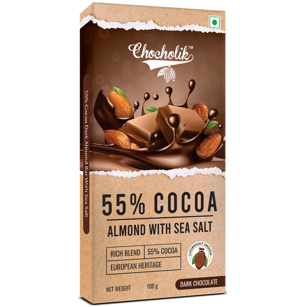 Chocholik 55% Cocoa Dark Chocolate Bar Roasted Almond With Sea Salt European Heritage Blend, 100g