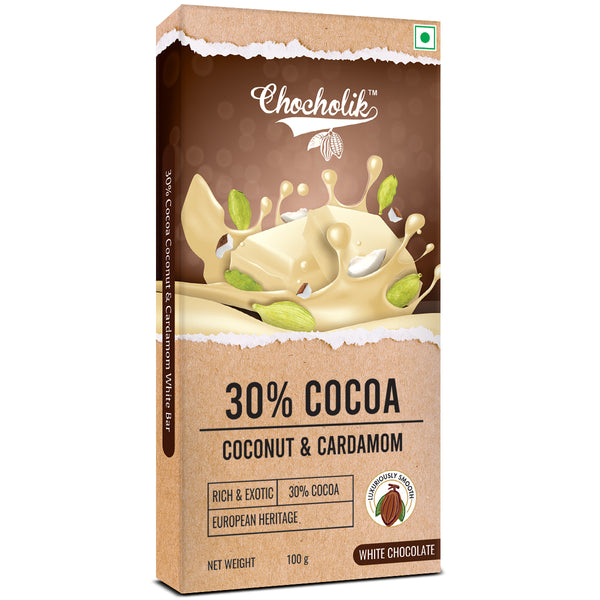 Chocholik 30% White Chocolate Bar Coconut & Cardamom, European Heritage Blend, 100g