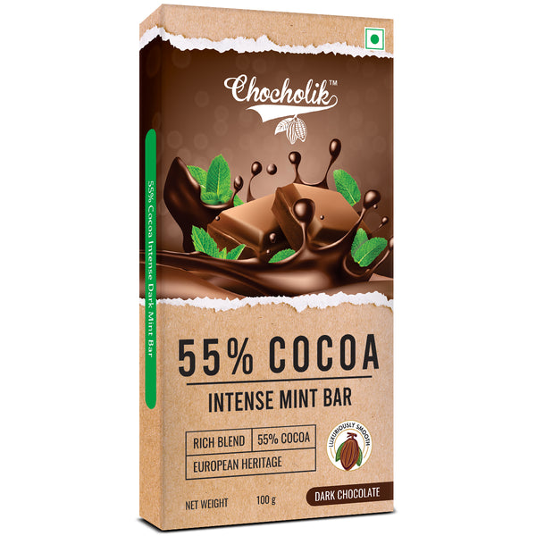 Chocholik 55% Cocoa Dark Chocolate Bar Intense Mint, European Heritage Blend, 100g