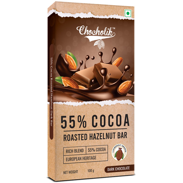 Chocholik 55% Cocoa Dark Chocolate Bar Roasted Hazelnut, European Heritage Blend, 100g