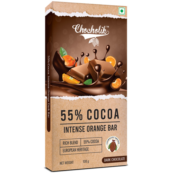 Chocholik 55% Cocoa Dark Chocolate Bar Intense Orange, European Heritage Blend, 100g