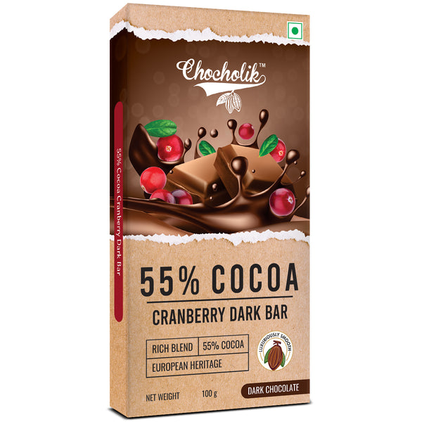 Chocholik 55% Cocoa Cranberry Dark Chocolate Bar, European Heritage Blend, 100g